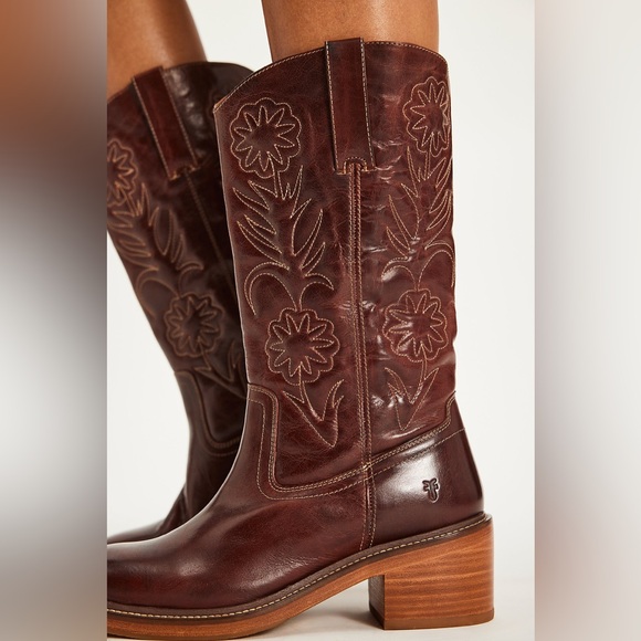 NWOB Frye Free People Kate Deco Stich Embroidered Stitch Boots in Auburn Brown - Picture 2 of 9